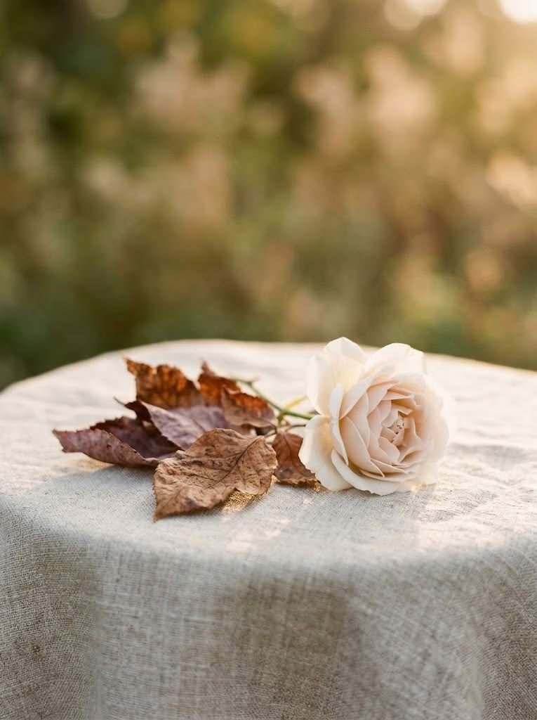 Rosa clara e folhas secas sobre mesa com toalha de linho